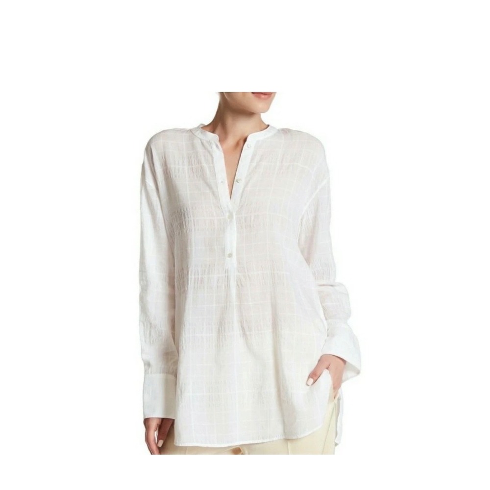 Vince Grid Texture Henley Blouse Women Small White Linen Blend Minimalist